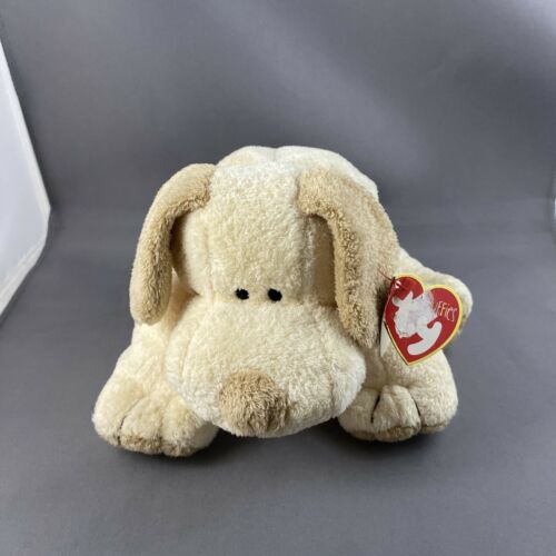 2002 Ty Pluffies “plopper” Puppy Dog Cream Tan Brown Sewn Eyes Plush 8” New