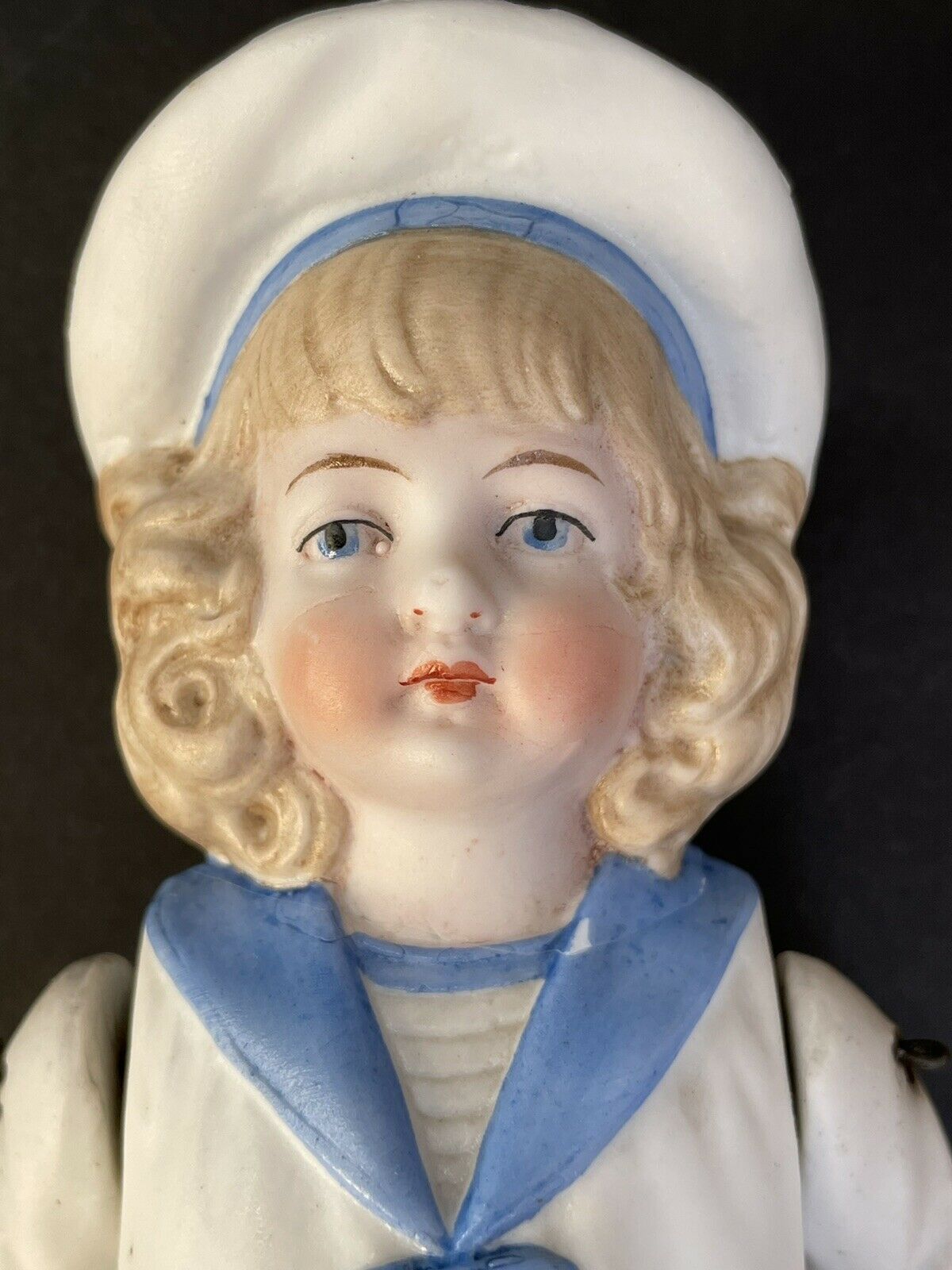 Antique German 6.75” Hertwig All Bisque Sailor Boy With Molded Clothes