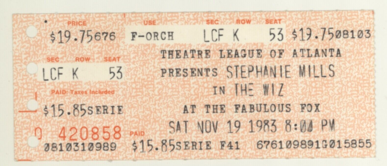 Rare Stephanie Mills In The Wiz 11/19/83 Atlanta Ga Fox Theatre Ticket Stub!